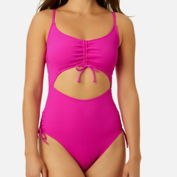 Salt + Cove Juniors Adjustable Pink Cinched Ribbed One Piece Swimsuit - Picture 1 of 8